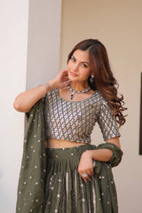 Flattering Georgette Sequence Work Mehndi Color Lehenga Choli