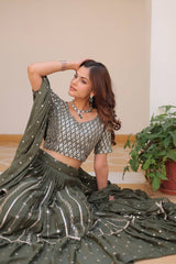 Flattering Georgette Sequence Work Mehndi Color Lehenga Choli
