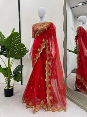 Designer Organza Silk Sequence Work Red Color Saree