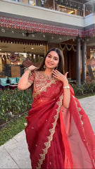 Designer Organza Silk Sequence Work Red Color Saree