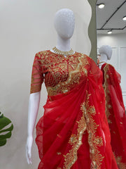 Designer Organza Silk Sequence Work Red Color Saree