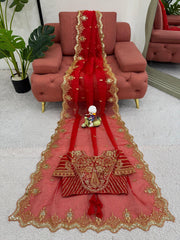 Designer Organza Silk Sequence Work Red Color Saree