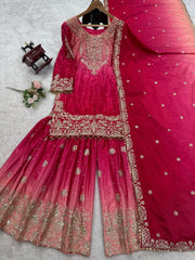 Preferable Chinon Silk Double Shade Pink Color Sharara Suit