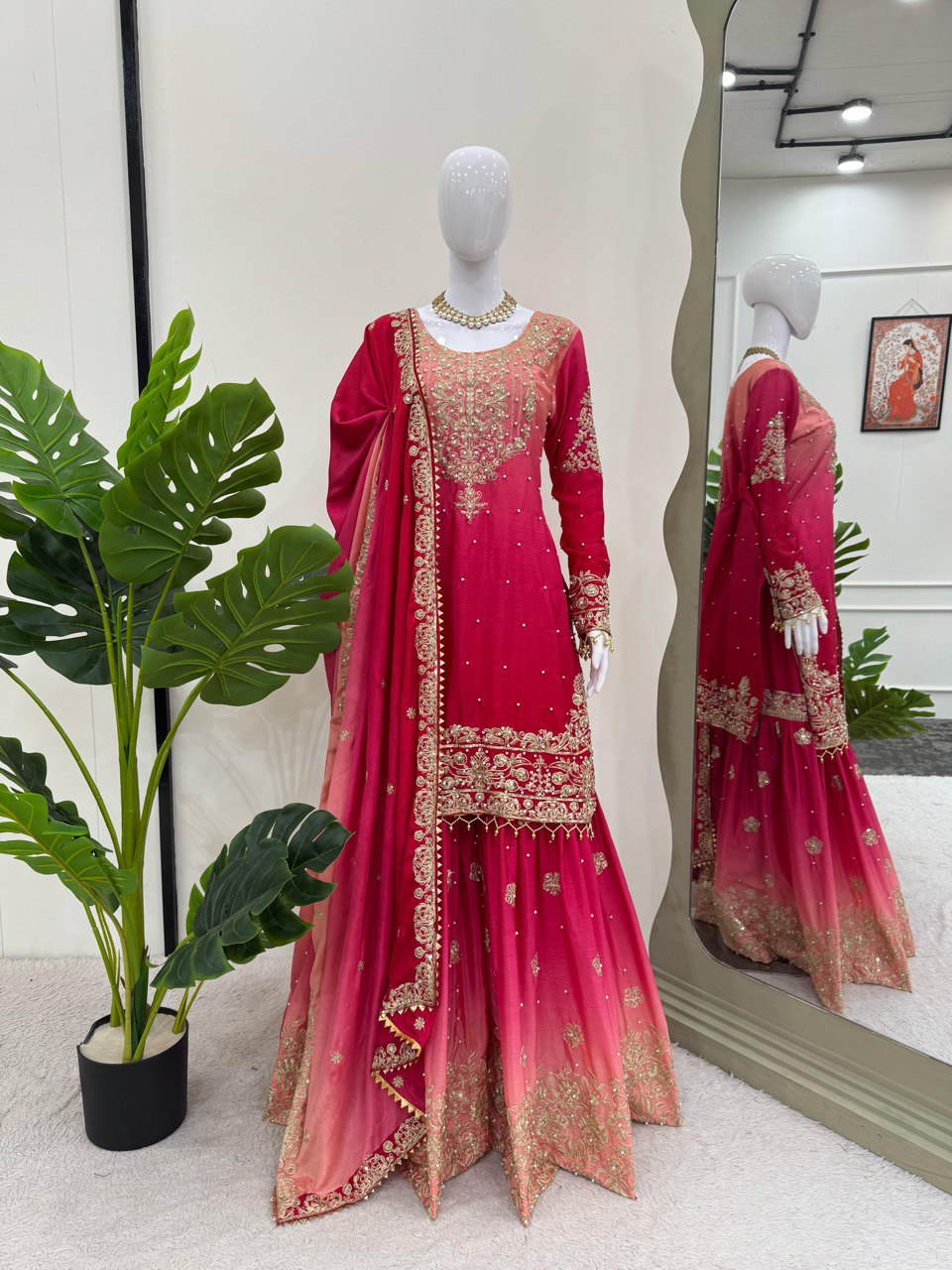 Preferable Chinon Silk Double Shade Pink Color Sharara Suit