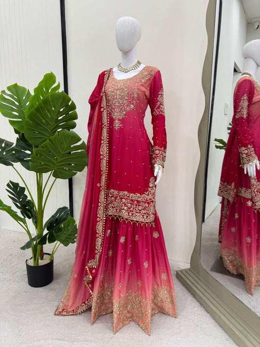 Preferable Chinon Silk Double Shade Pink Color Sharara Suit