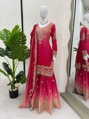 Preferable Chinon Silk Double Shade Pink Color Sharara Suit