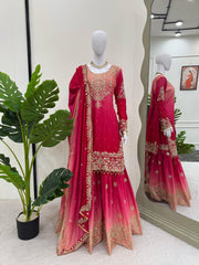 Preferable Chinon Silk Double Shade Pink Color Sharara Suit