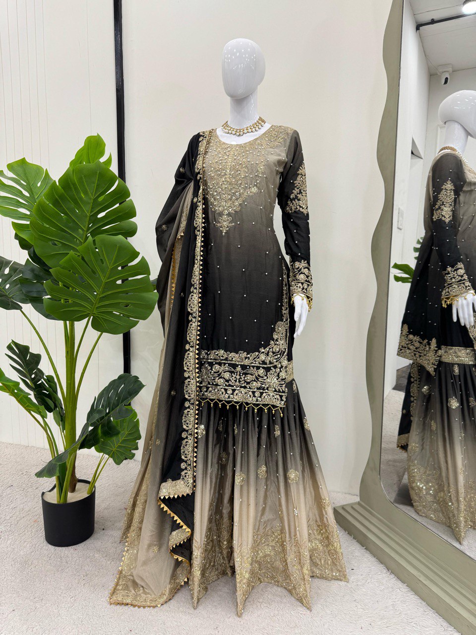 Preferable Chinon Silk Double Shade Grey Color Sharara Suit