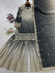 Preferable Chinon Silk Double Shade Grey Color Sharara Suit