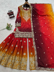 Preferable Chinon Silk Double Shade Red Multi Color Sharara Suit