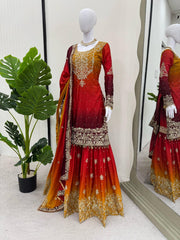 Preferable Chinon Silk Double Shade Red Multi Color Sharara Suit