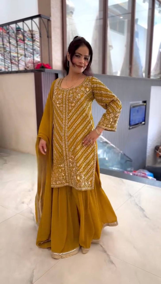Outstanding Embroidery Work Yellow Color Sharara Suit