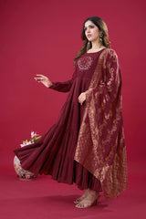 Stunning Roman Silk Maroon Color Gown
