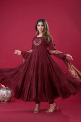 Stunning Roman Silk Maroon Color Gown