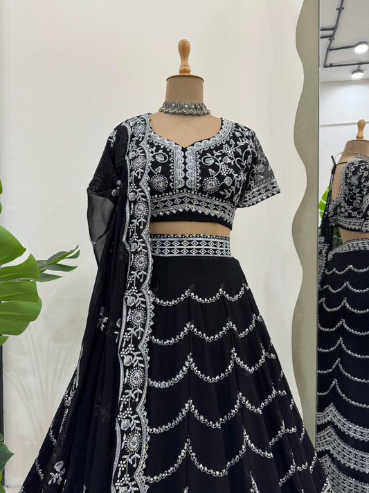 Wedding & Party Wear Gorgette Black Color Lehenga Choli
