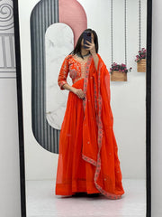 Delightful Embroidery Thread Work Orange Color Gown