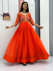 Delightful Embroidery Thread Work Orange Color Gown