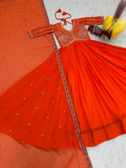 Delightful Embroidery Thread Work Orange Color Gown