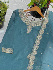 Occasion Wear Crunchy Silk Teal Blue Color Sharara Suit