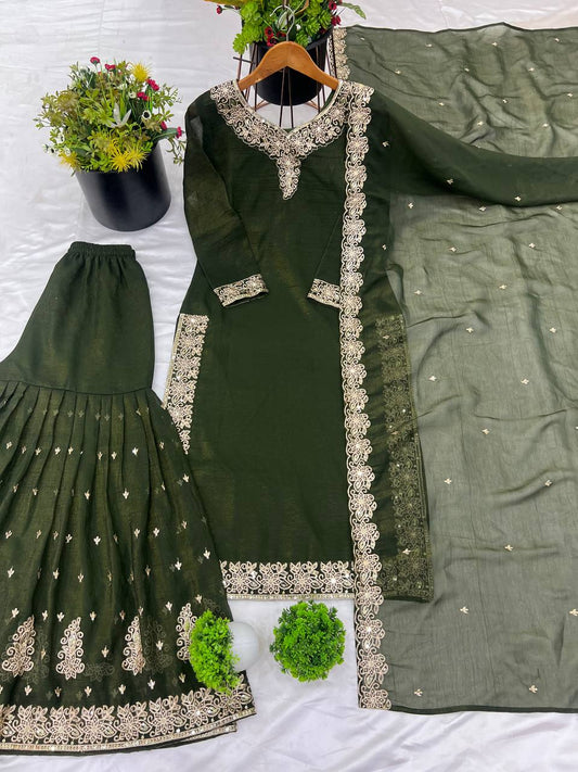Occasion Wear Crunchy Silk Mehndi Color Sharara Suit