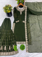 Occasion Wear Crunchy Silk Mehndi Color Sharara Suit