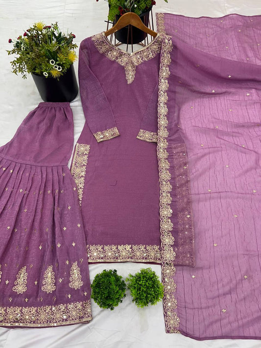 Occasion Wear Crunchy Silk Purple Color Sharara Suit