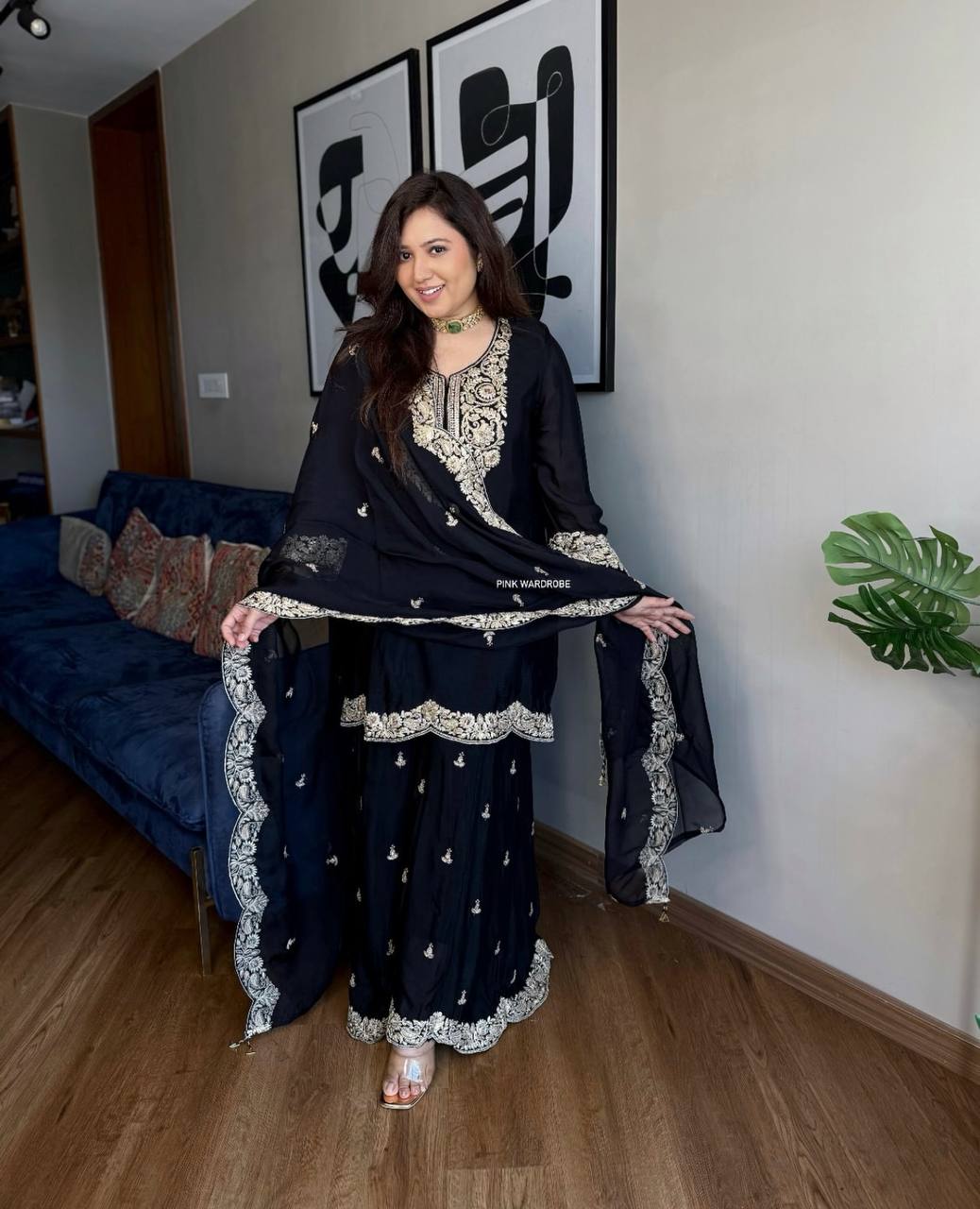 Attractive Chinon Silk Black Color Sharara Suit