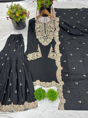Attractive Chinon Silk Black Color Sharara Suit
