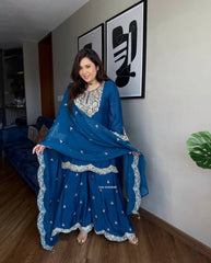 Attractive Chinon Silk Blue Color Sharara Suit