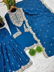 Attractive Chinon Silk Blue Color Sharara Suit