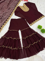Adorable Embroidery Work Maroon Color Sharara Suit