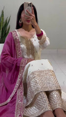 Delightful Embroidery Sequence Work White Color With Pink Dupatta Salwar Suit