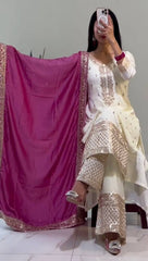 Delightful Embroidery Sequence Work White Color With Pink Dupatta Salwar Suit