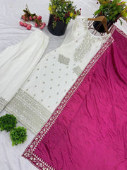 Delightful Embroidery Sequence Work White Color With Pink Dupatta Salwar Suit