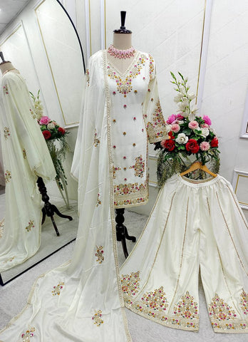 Gorgeous Embroidery Work White Color Sharara Suit
