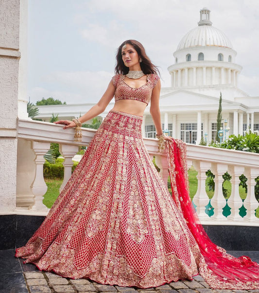 Designer Malai Satin Jari Work Bridal Red Color Lehenga Choli
