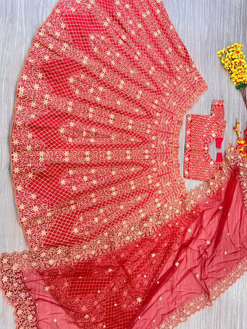 Designer Malai Satin Jari Work Bridal Red Color Lehenga Choli