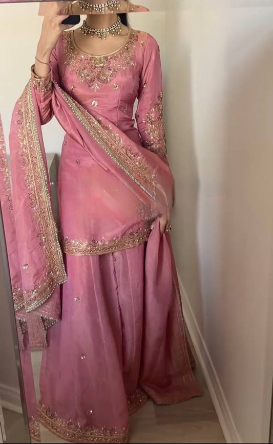 Outstanding Heavy Chinnon Silk Pink Color Sharara Suit