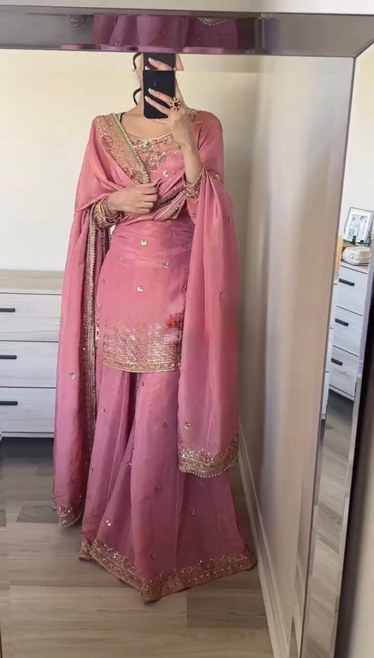 Outstanding Heavy Chinnon Silk Pink Color Sharara Suit