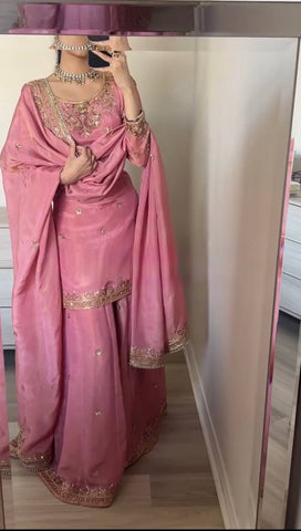 Outstanding Heavy Chinnon Silk Pink Color Sharara Suit