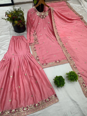 Outstanding Heavy Chinnon Silk Pink Color Sharara Suit