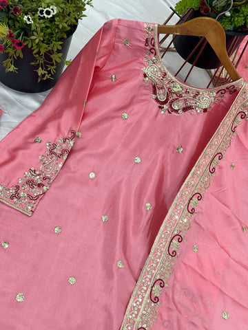 Outstanding Heavy Chinnon Silk Pink Color Sharara Suit