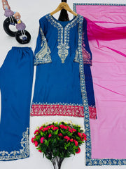 Imposing Chinon Blue Color Sequences Work Palazo Suit