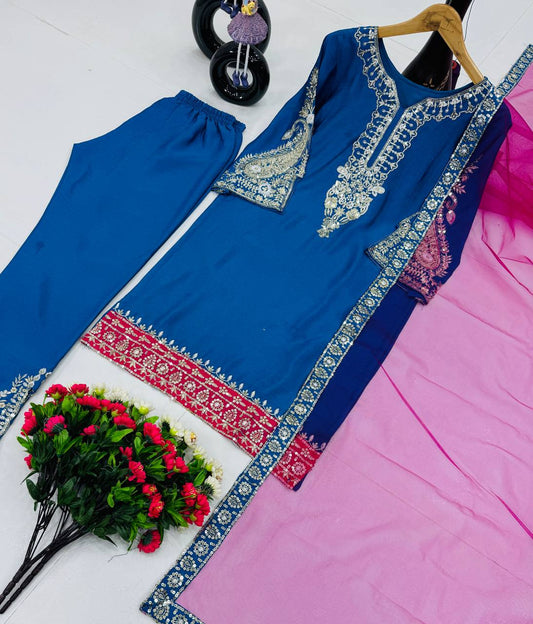 Imposing Chinon Blue Color Sequences Work Palazo Suit