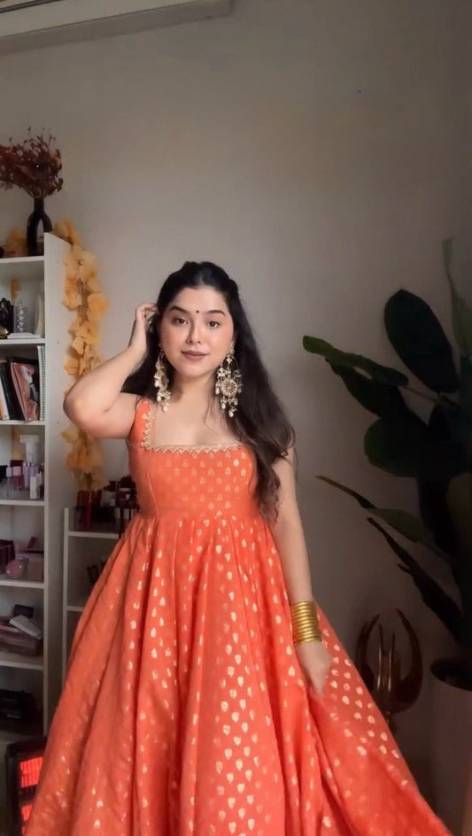 Peaceful Jequard  Weaveing Orange Color Gown