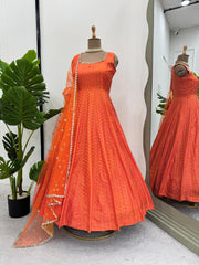 Peaceful Jequard  Weaveing Orange Color Gown