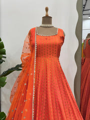 Peaceful Jequard  Weaveing Orange Color Gown
