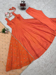 Peaceful Jequard  Weaveing Orange Color Gown