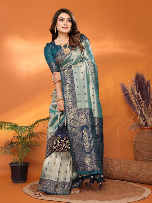 Awesome Tissue SilK Teal Blue Color Saree