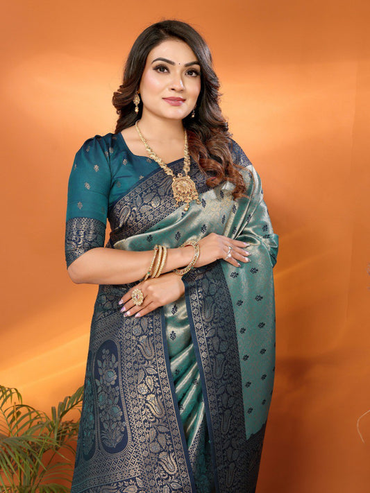 Awesome Tissue SilK Teal Blue Color Saree